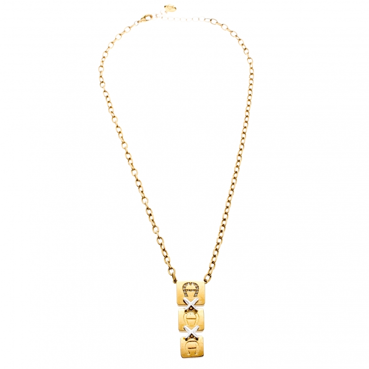 مملوكة مسبقًا Aigner Gold Plated Tiered Crystal Studded Plaque Pendant Necklace