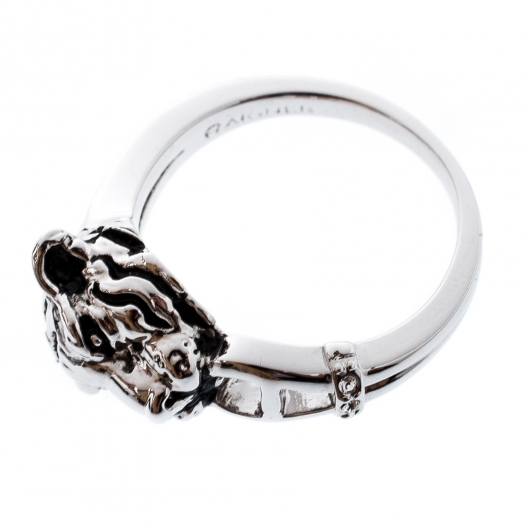 Pre Owned Aigner Silver Tone Tiger Head Crystal Studded Ring Size 56