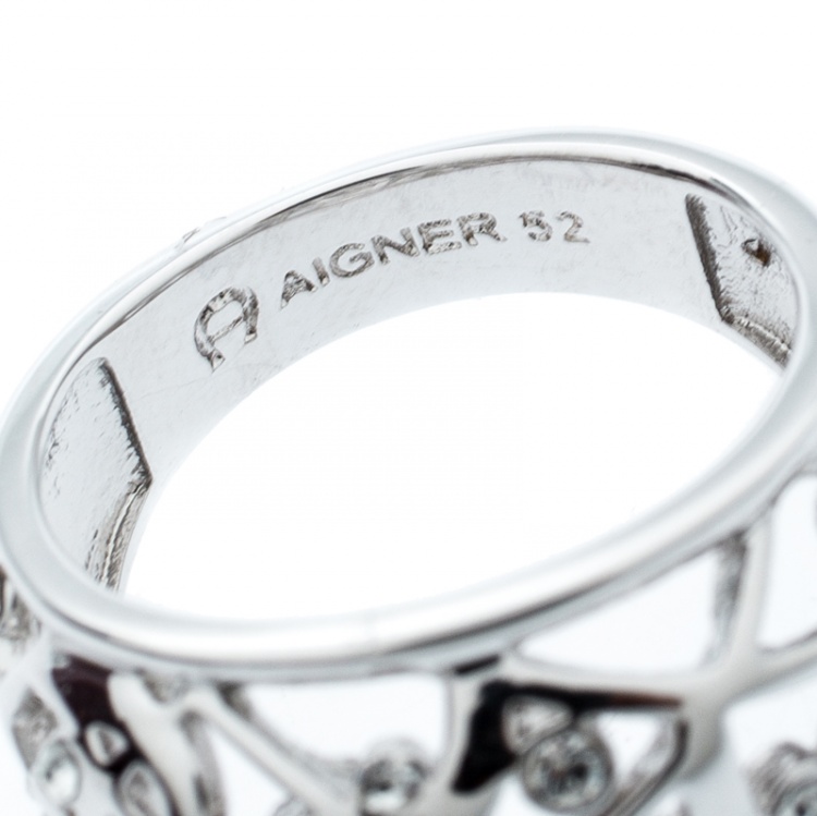Pre Owned Aigner Crystal Studded Cutwork Silver Tone Ring Size 52