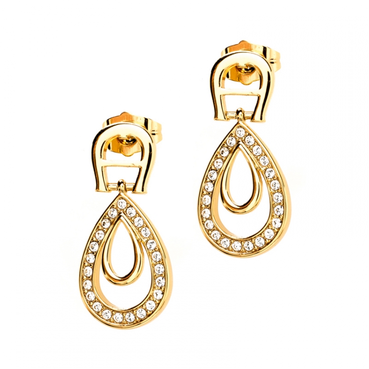 مملوكة مسبقًا Aigner Crystal Studded Gold Tone Drop Earrings