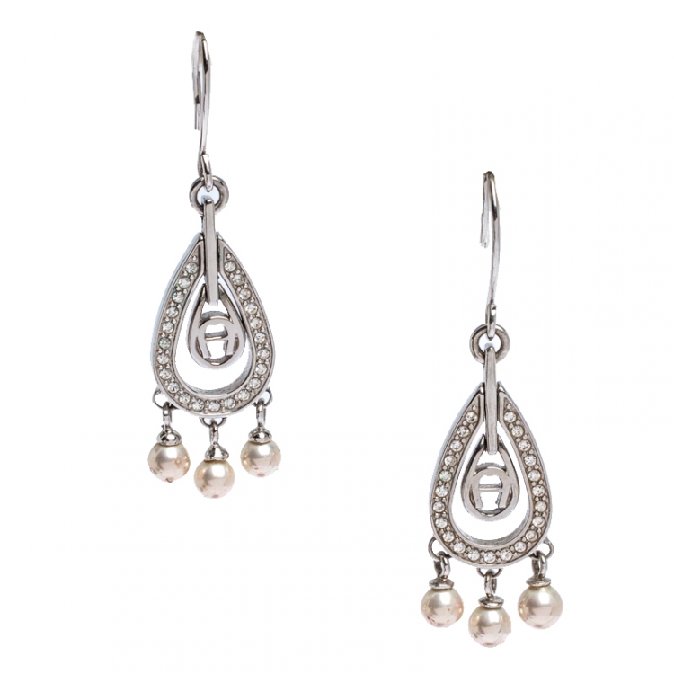 Pre Owned Aigner Silver Tone Faux Pearl Crystal Embellished Hoop Earrings