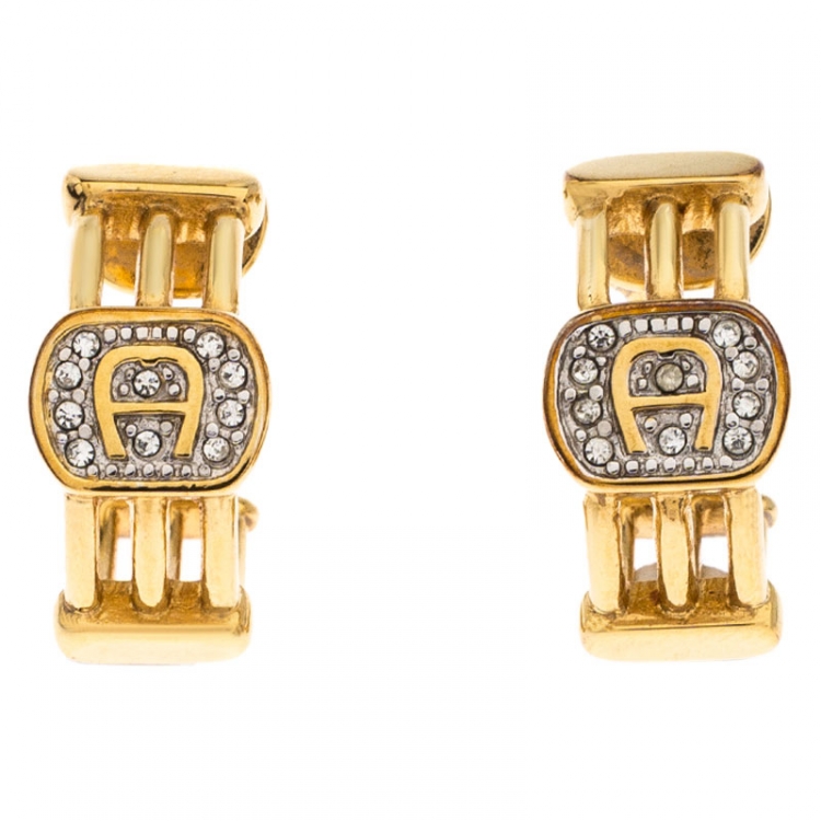 Pre Owned Aigner Logo Crystal Gold Tone Earring Necklace Set