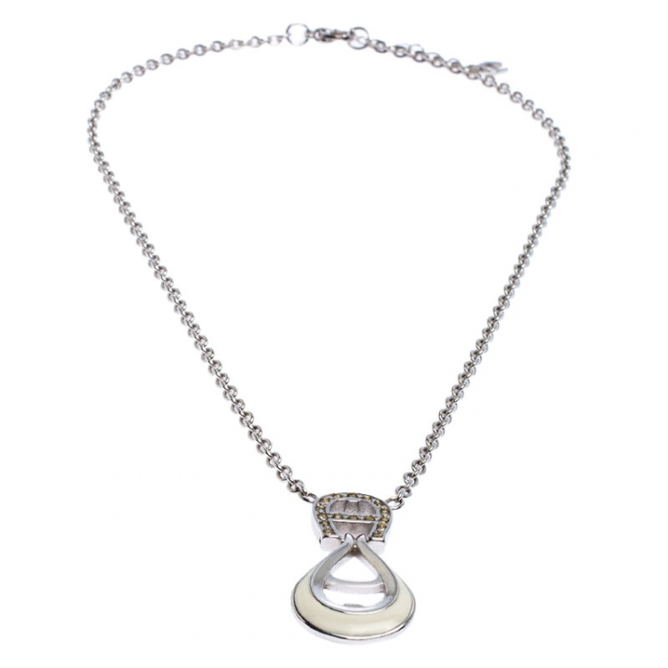 مملوكة مسبقًا Aigner Crystal Studded Logo Rhodium Plated Necklace