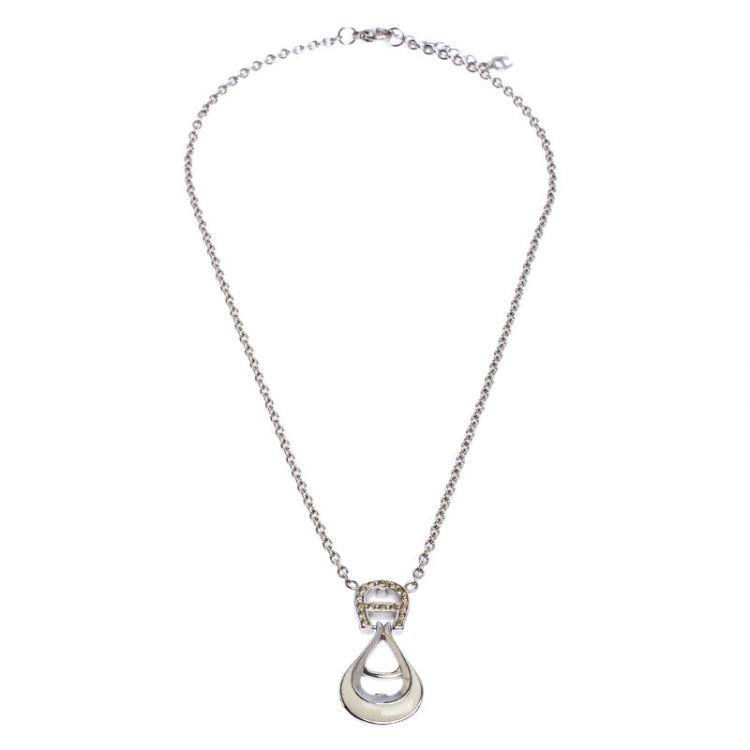 مملوكة مسبقًا Aigner Crystal Studded Logo Rhodium Plated Necklace