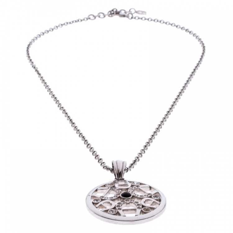 Pre Owned Aigner Silver Tone Crystal Embellished Monogram Pendant Necklace