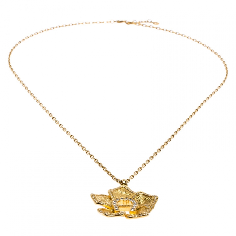 مملوكة مسبقًا Aigner Gold Tone Crystal Flower Pendant Necklace