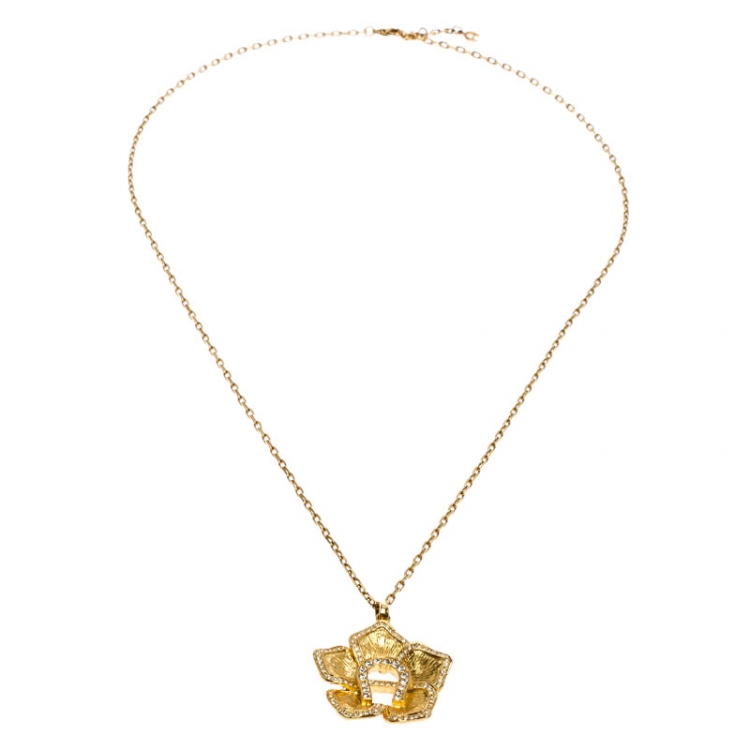 مملوكة مسبقًا Aigner Gold Tone Crystal Flower Pendant Necklace