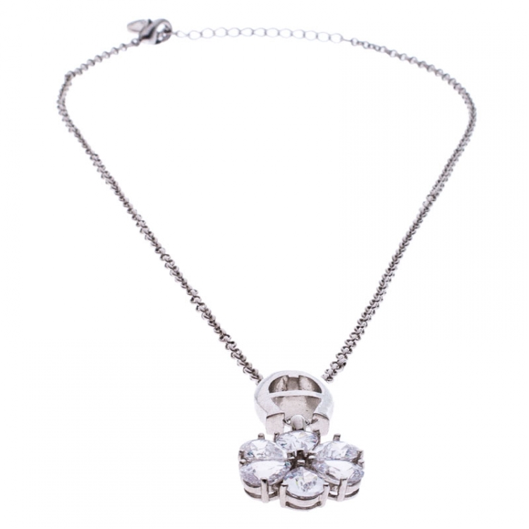 مملوكة مسبقًا Aigner Silver Tone Floral Crystal Pendant Necklace