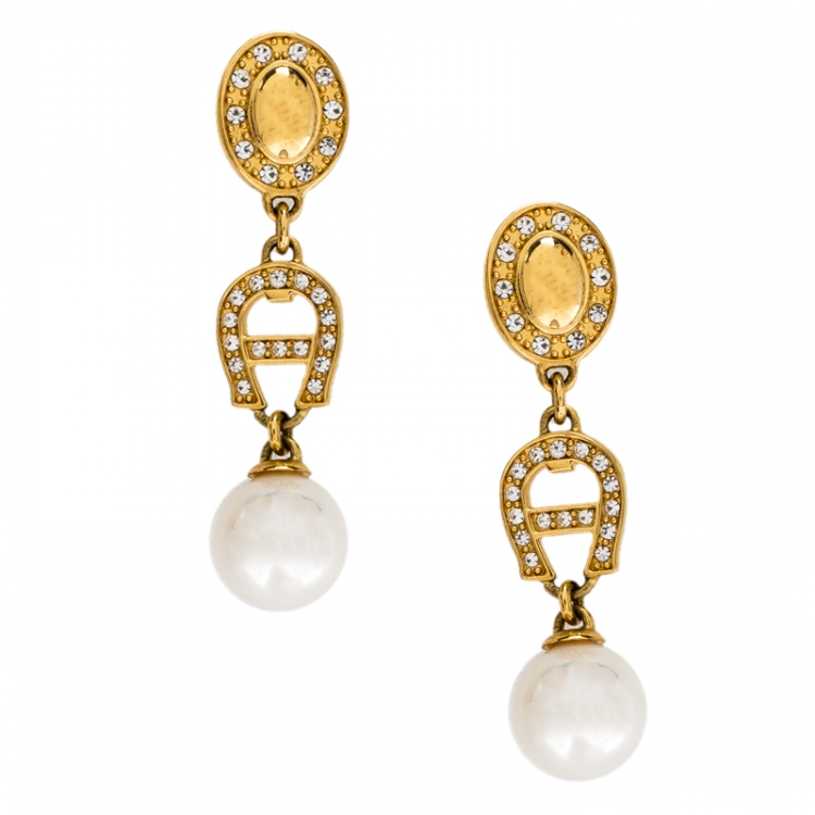 مملوكة مسبقًا Aigner Crystal Faux Pearl Gold Tone Drop Earrings