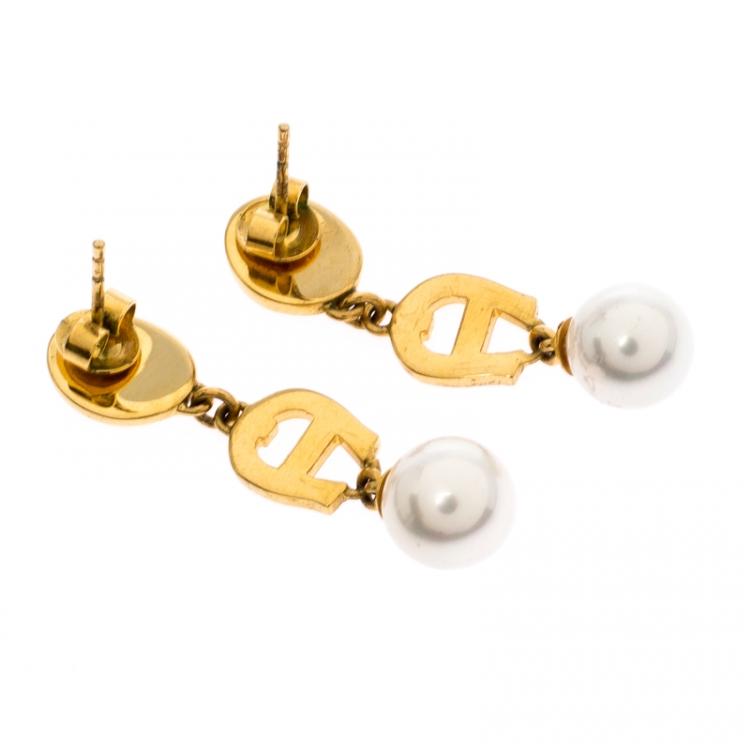 مملوكة مسبقًا Aigner Crystal Faux Pearl Gold Tone Drop Earrings