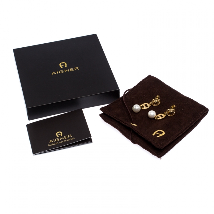 مملوكة مسبقًا Aigner Crystal Faux Pearl Gold Tone Drop Earrings