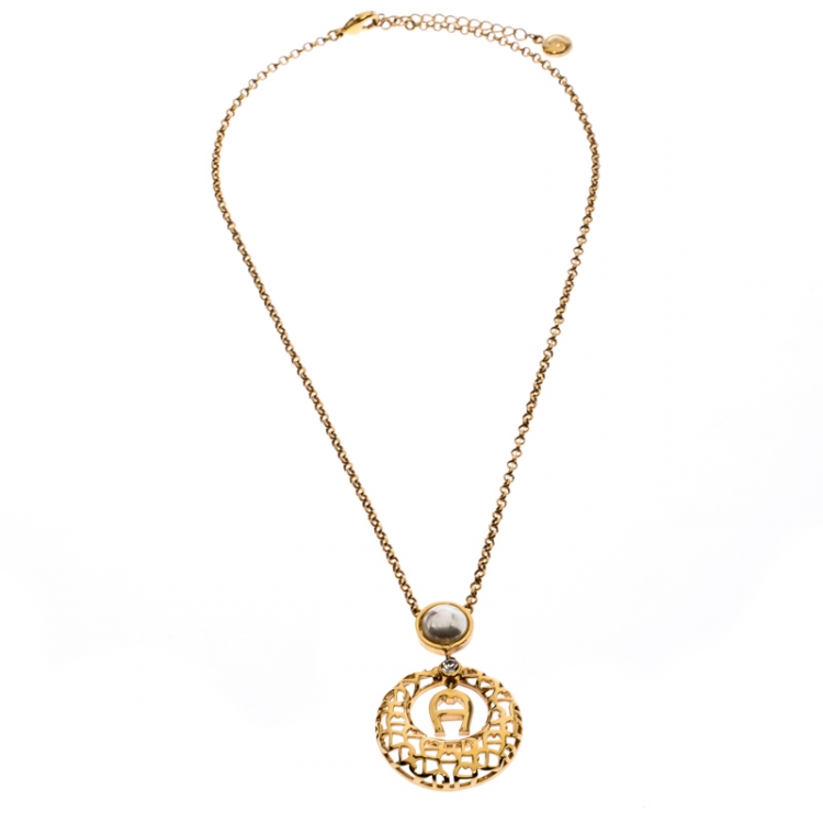 مملوكة مسبقًا Aigner Faux Pearl Crystal Textured Gold Tone Pendant Necklace