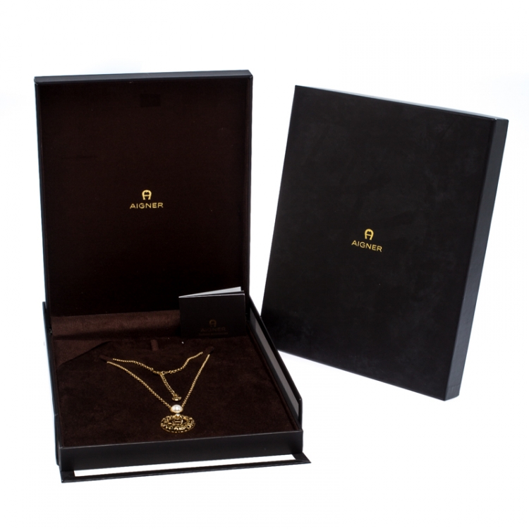 مملوكة مسبقًا Aigner Faux Pearl Crystal Textured Gold Tone Pendant Necklace