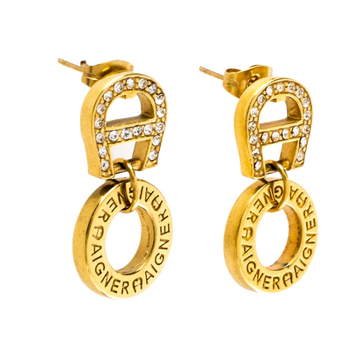 Aigner Crystal Studded Logo Gold Tone Drop Earrings Aigner TLC