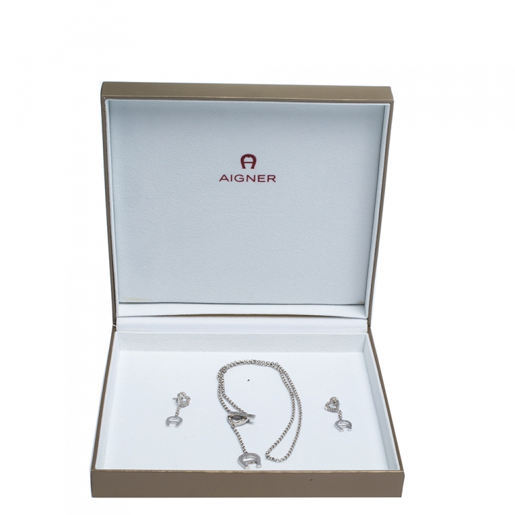Pre Owned Aigner Crystal Heart Silver Tone Earrings & Necklace Set