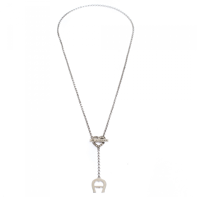 Pre Owned Aigner Crystal Heart Silver Tone Earrings & Necklace Set
