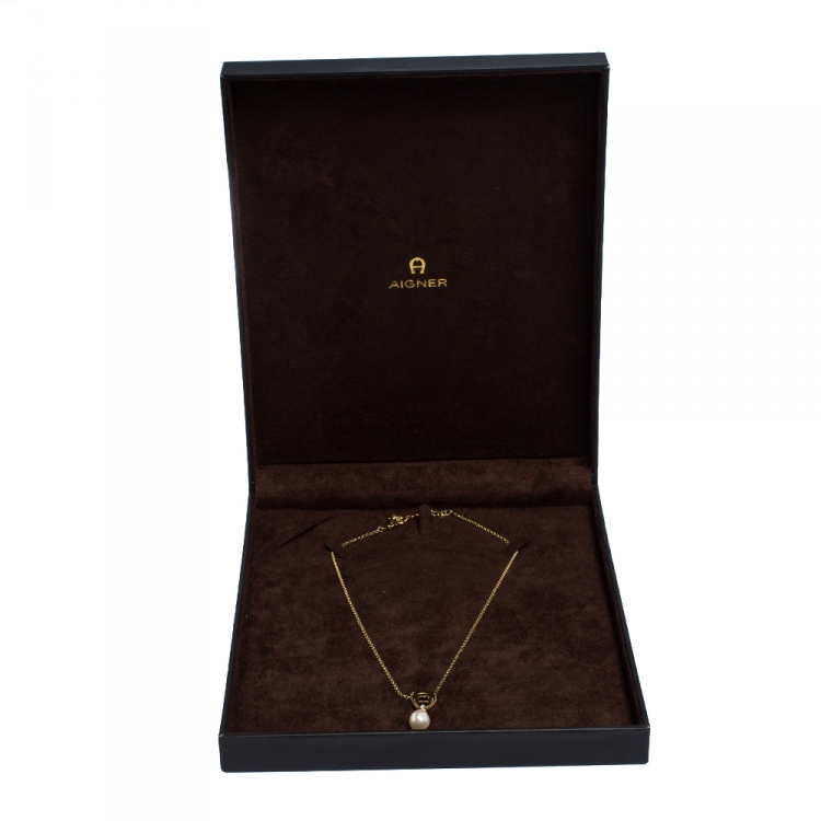 مملوكة مسبقًا Aigner Faux Pearl Crystal Gold Tone Necklace