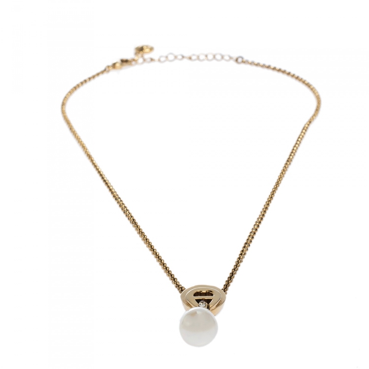 مملوكة مسبقًا Aigner Faux Pearl Crystal Gold Tone Necklace