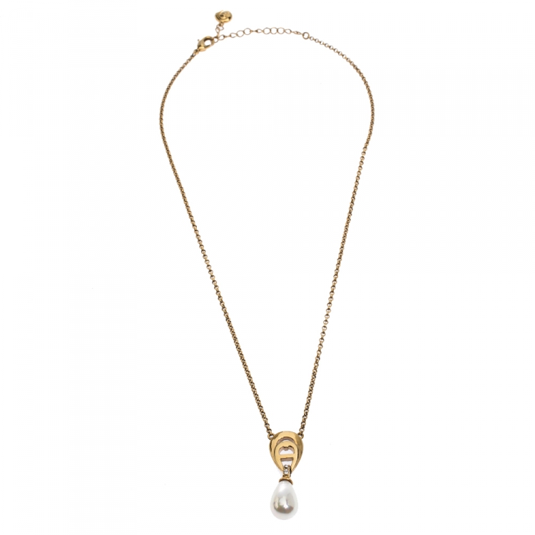 مملوكة مسبقًا Aigner Faux Pearl Crystal Gold Tone Necklace