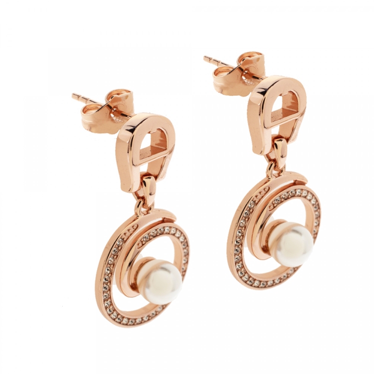 Pre Owned Aigner Crystal Faux Pearl Rose Gold Tone Earrings & Pendant Chain Set