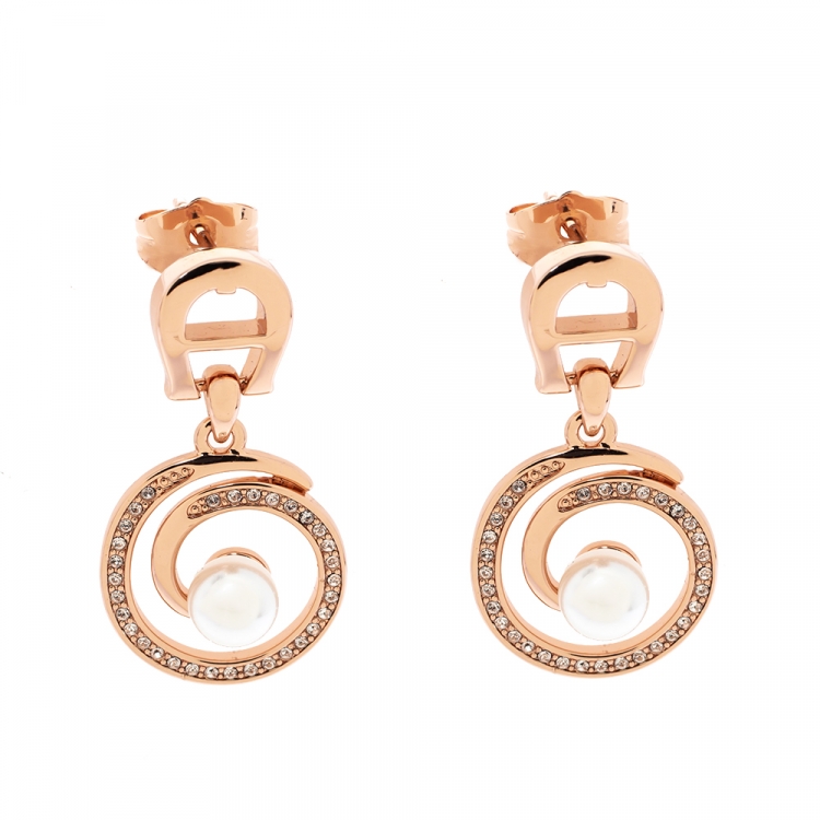 Pre Owned Aigner Crystal Faux Pearl Rose Gold Tone Earrings & Pendant Chain Set