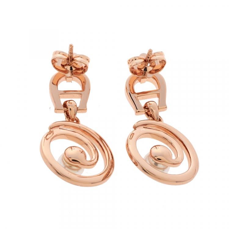 Pre Owned Aigner Crystal Faux Pearl Rose Gold Tone Earrings & Pendant Chain Set