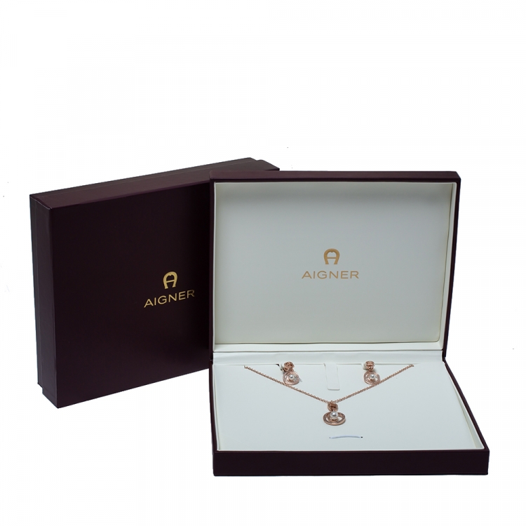 Pre Owned Aigner Crystal Faux Pearl Rose Gold Tone Earrings & Pendant Chain Set