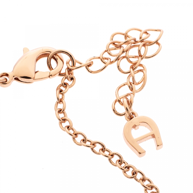 Pre Owned Aigner Crystal Faux Pearl Rose Gold Tone Earrings & Pendant Chain Set