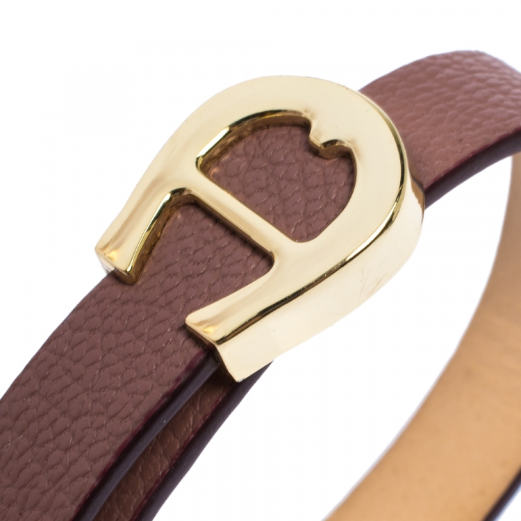Pre Owned Aigner Dusty Rose Leather Gold Tone Bracelet