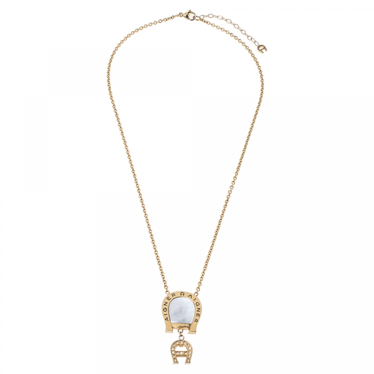 Pre Owned Aigner Mother of Pearl Pendant Crystal Logo Drop Necklace
