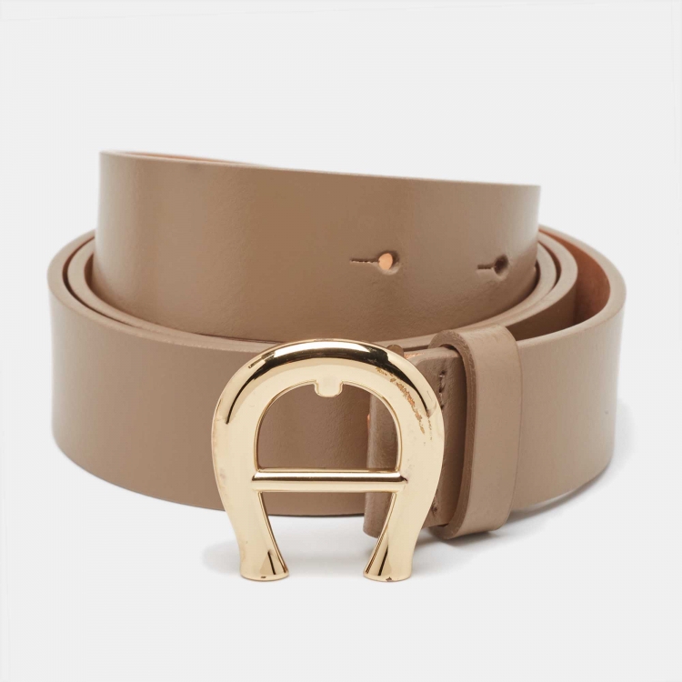 Pre Owned Aigner Beige Leather Logo Buckle Belt 95CM