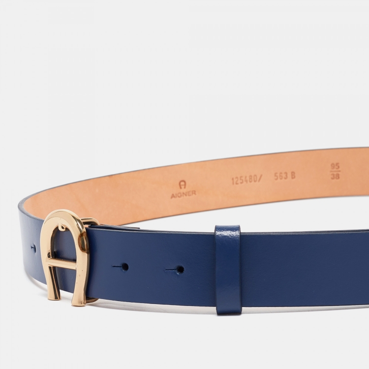 Pre Owned Aigner Blue Leather Logo Buckle Belt 95CM