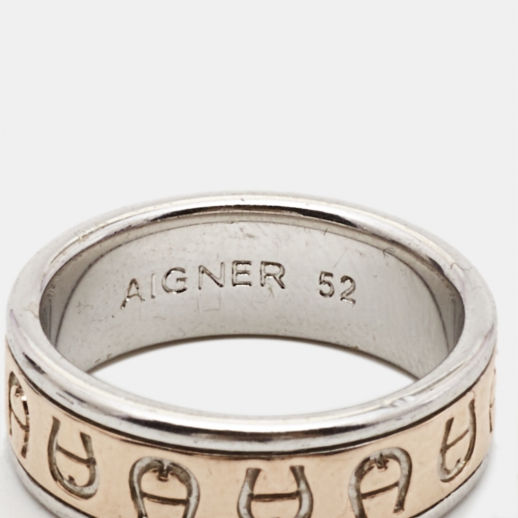 Pre Owned Aigner Logo Two Tone Ring Size 52