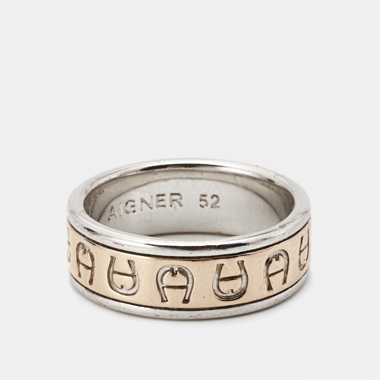 Pre Owned Aigner Logo Two Tone Ring Size 52