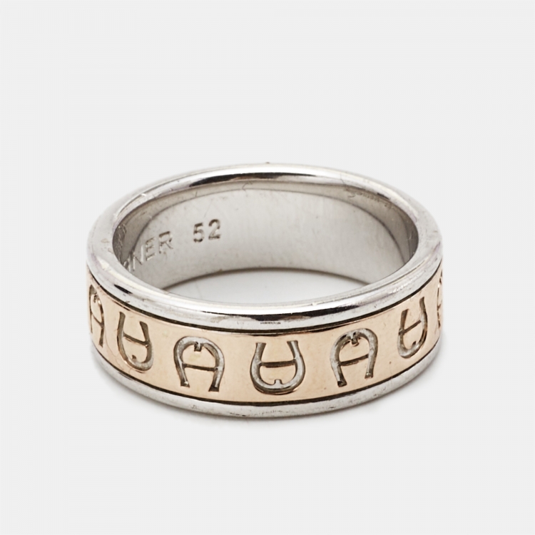 Pre Owned Aigner Logo Two Tone Ring Size 52