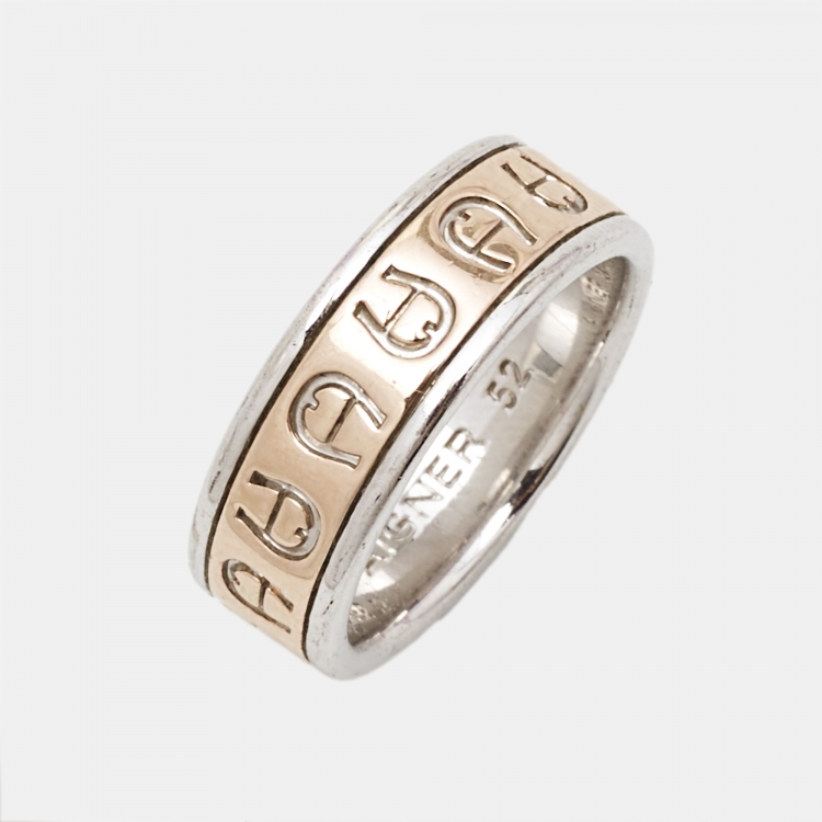 Pre Owned Aigner Logo Two Tone Ring Size 52