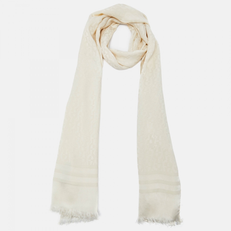 Pre Owned Aigner Cream Logo Jacquard Silk Stole 