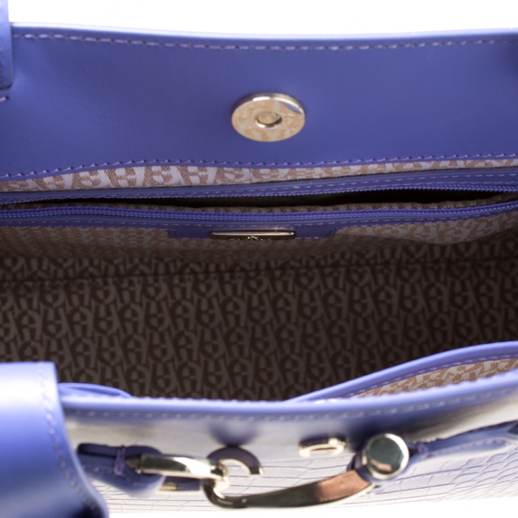 Pre Owned Aigner Purple Crocodile Embossed Leather Cavallina Top Handle Bag