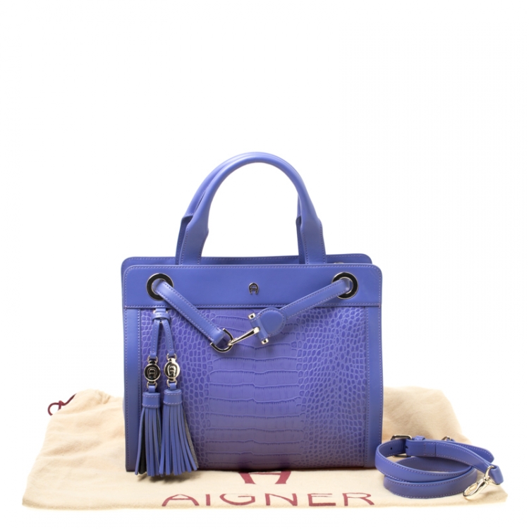Pre Owned Aigner Purple Crocodile Embossed Leather Cavallina Top Handle Bag