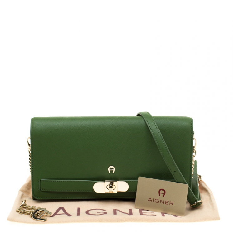 Pre Owned Aigner Meadow Green Leather Chain Shoulder Bag