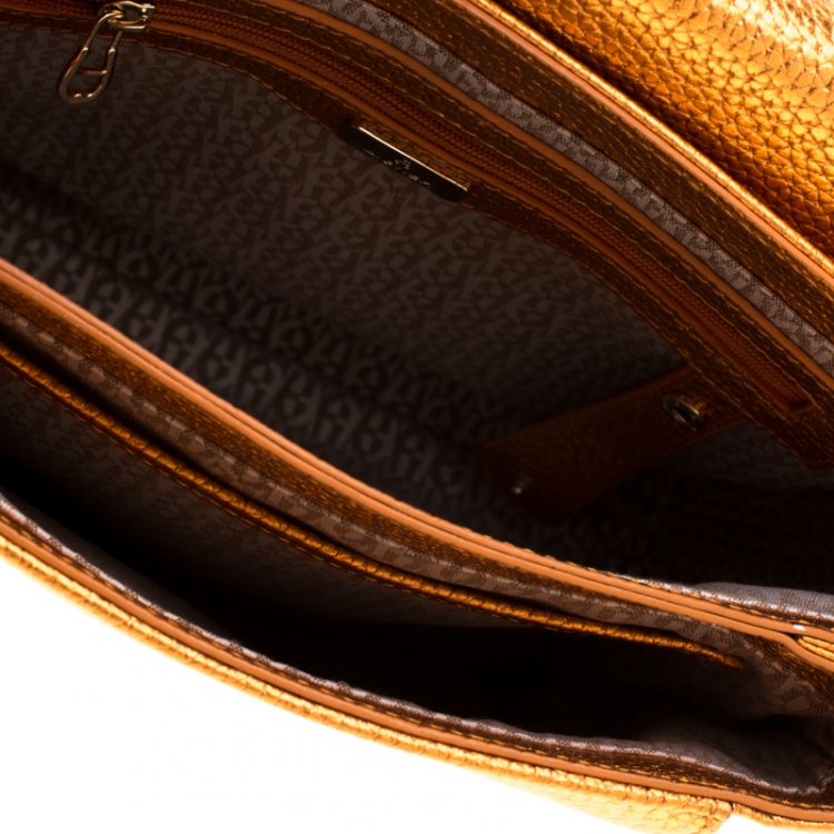 Pre Owned Aigner Orange Metallic Leather Flap Crossbody Bag