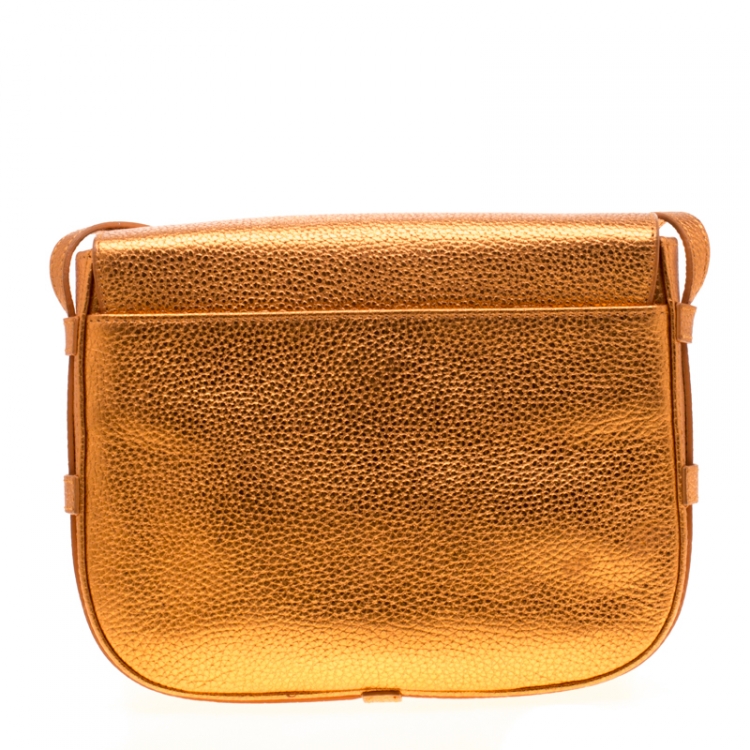 Pre Owned Aigner Orange Metallic Leather Flap Crossbody Bag