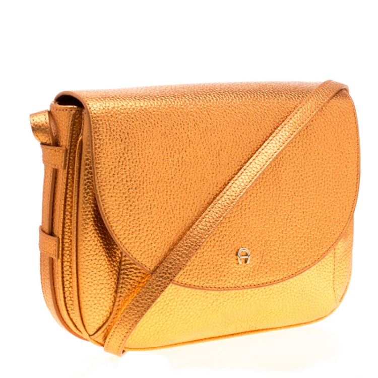 Pre Owned Aigner Orange Metallic Leather Flap Crossbody Bag