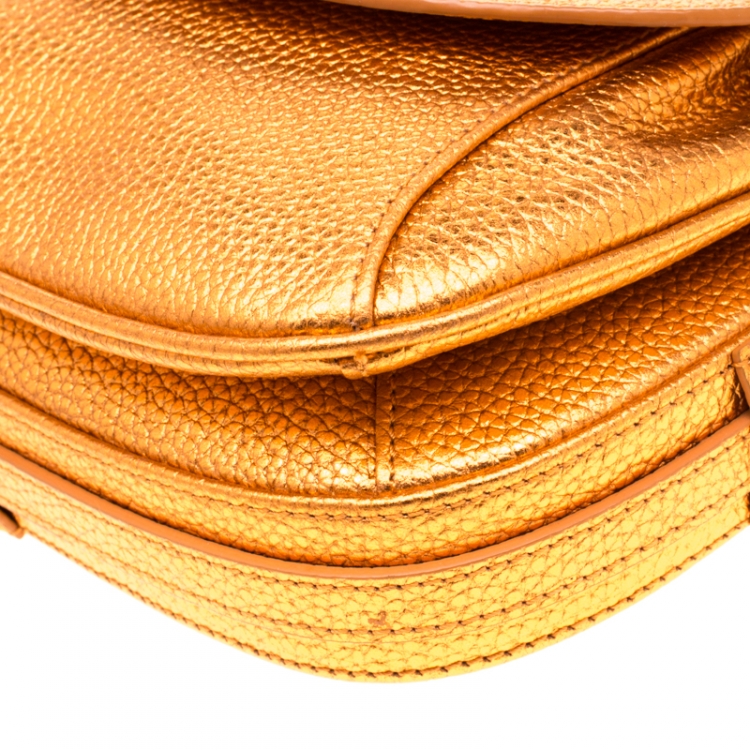Pre Owned Aigner Orange Metallic Leather Flap Crossbody Bag
