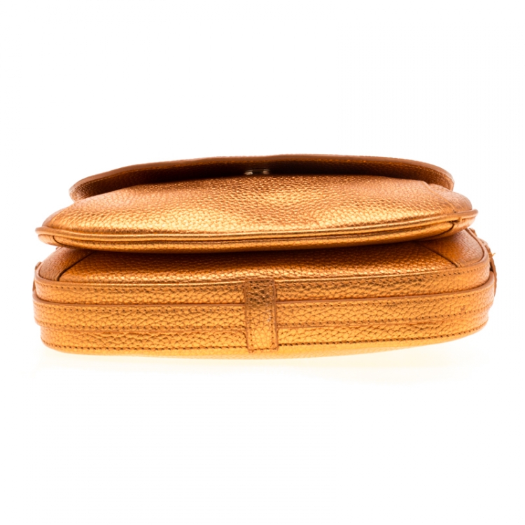 Pre Owned Aigner Orange Metallic Leather Flap Crossbody Bag