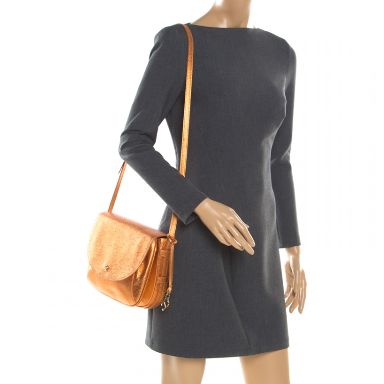 Pre Owned Aigner Orange Metallic Leather Flap Crossbody Bag