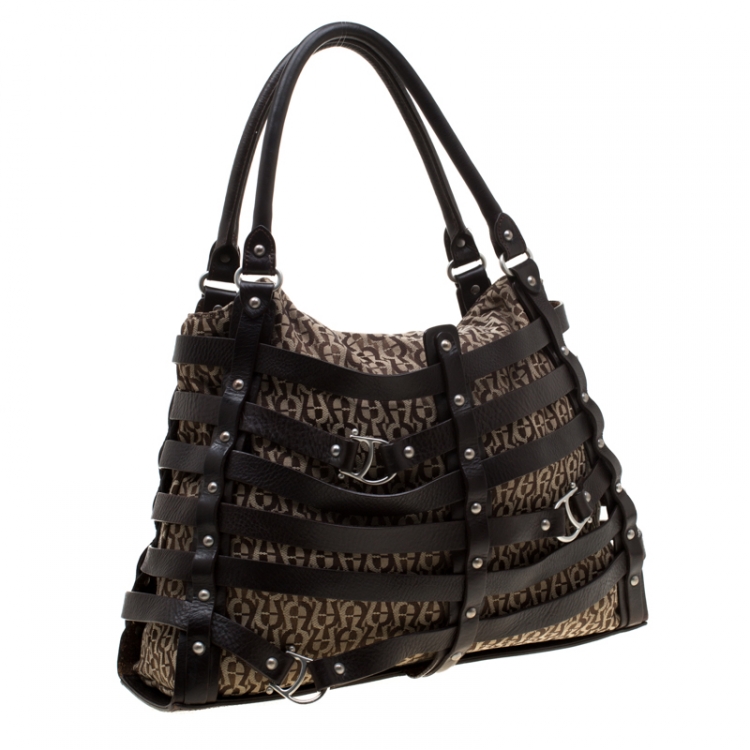 Pre Owned Aigner Brown Canvas And Leather Cage Satchel