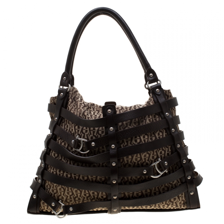 Pre Owned Aigner Brown Canvas And Leather Cage Satchel