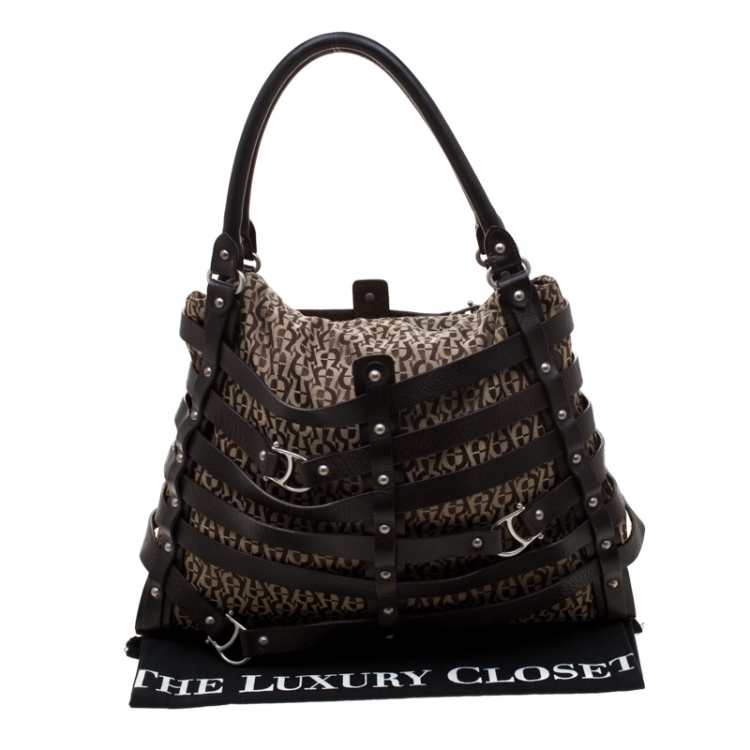 Pre Owned Aigner Brown Canvas And Leather Cage Satchel