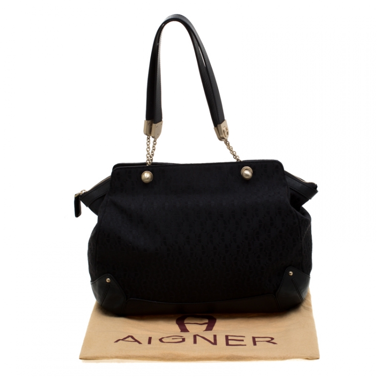 Pre Owned Aigner Black Signature Fabric and Leather Chain Tote